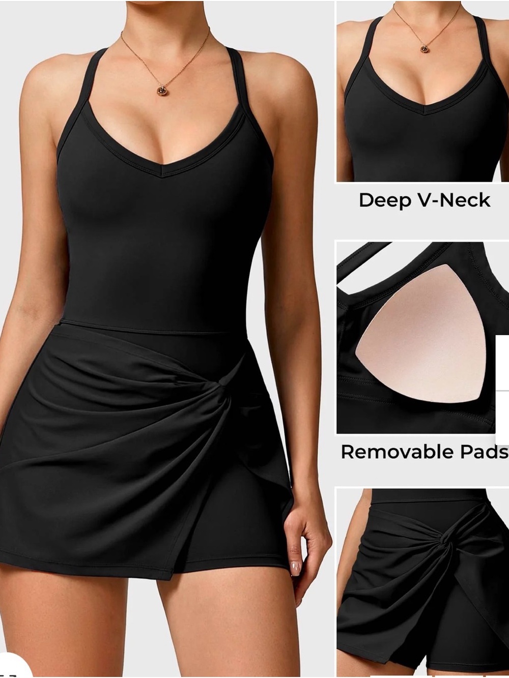 Black V-Neck Removable Pad Swimdress - Women Intimates & Sleepwear